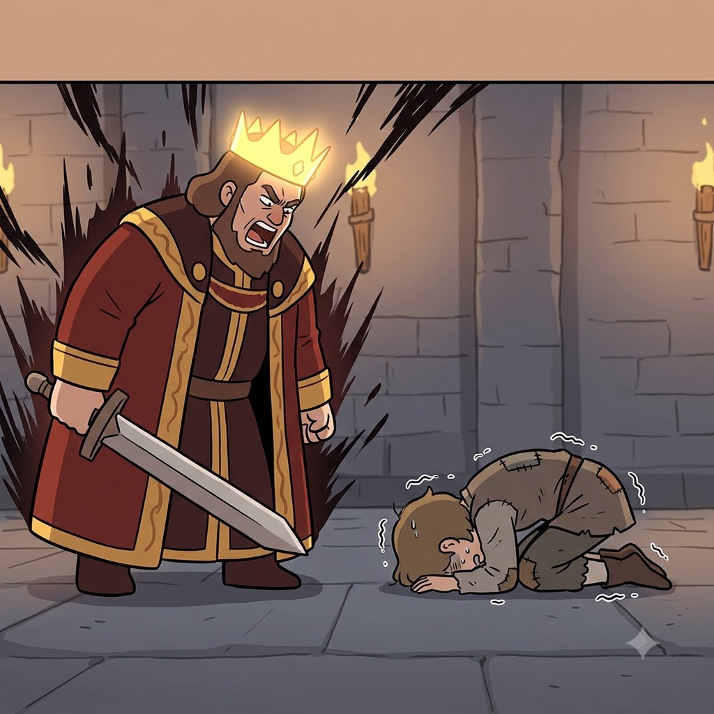 Faced with the angry king's absolute power, the poor servant could only cower on the cold stone floor.