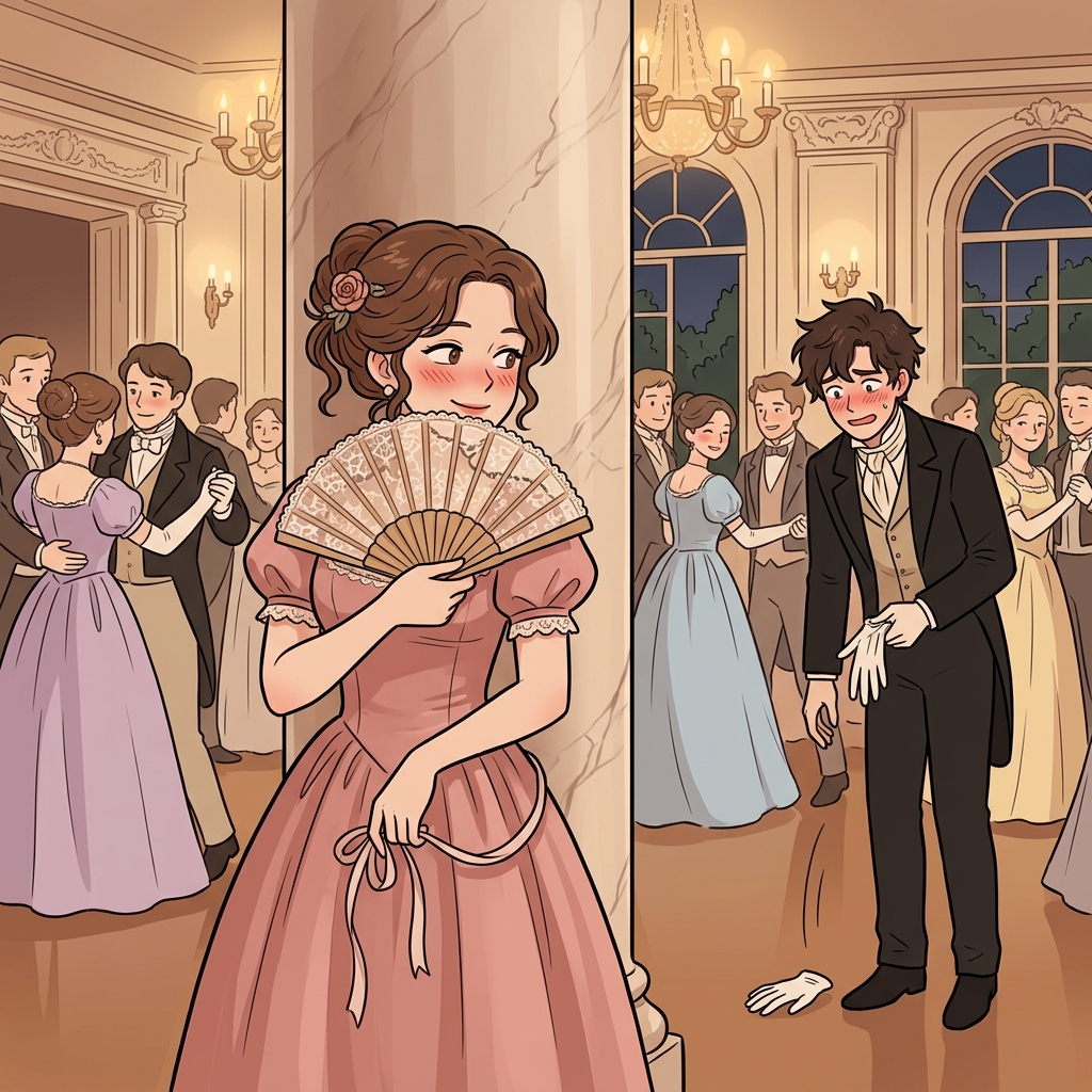 She gave a coy smile from behind her fan at the ballroom.