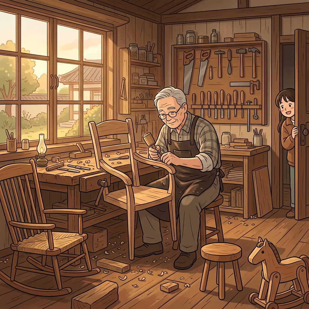 The old craftsman carefully shapes a wooden chair by hand in his workshop.