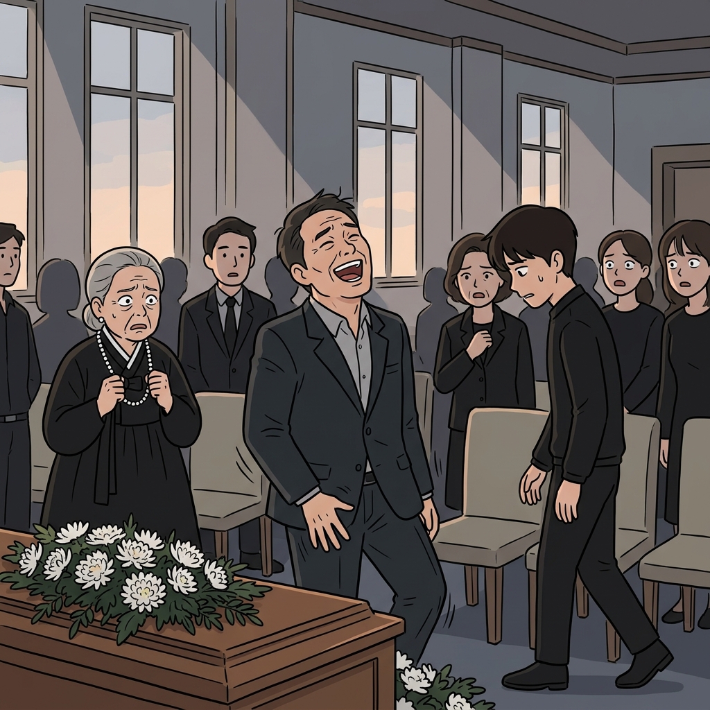 장례식장에서 그가 던진 무례한 농담에 모두가 얼어붙었다.