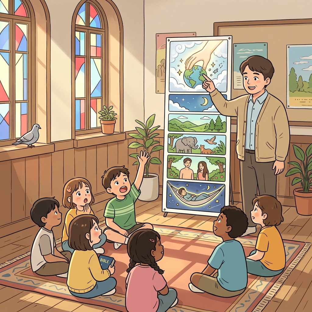 목사님이 창조론을 설명하며 세상이 칠 일 만에 만들어졌다고 가르친다.