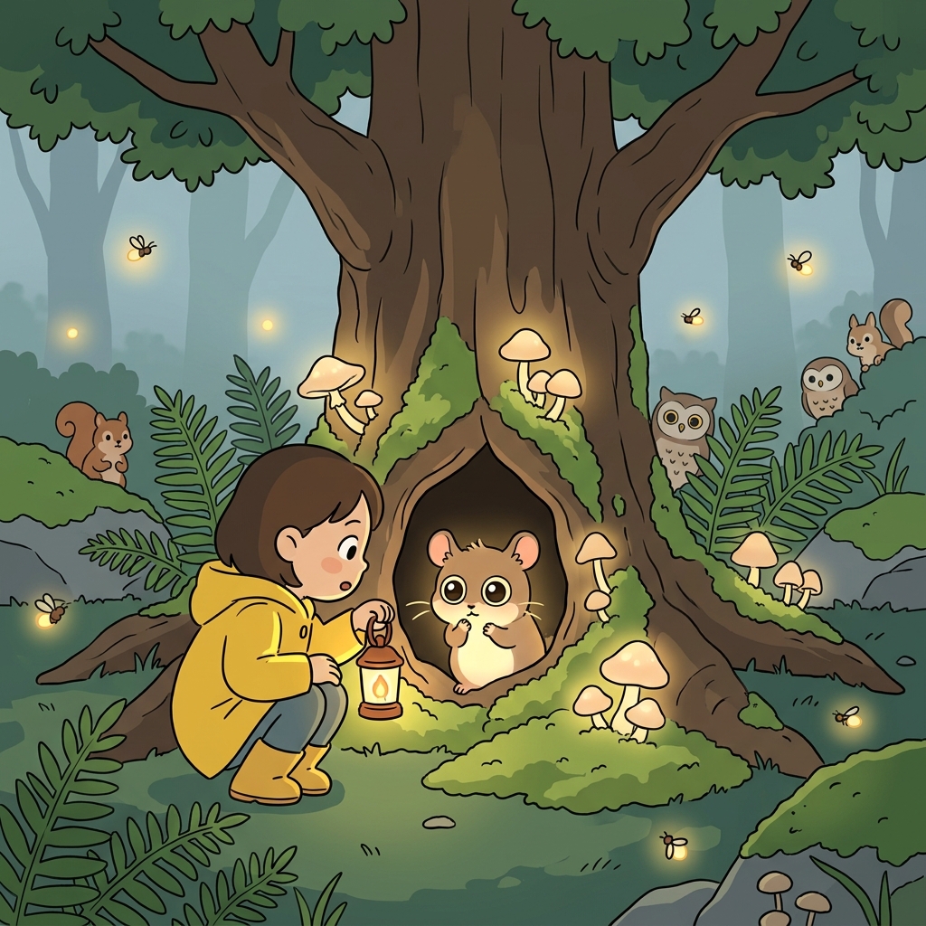 A tiny glowing creature peeks out from the mossy hollow of an ancient tree.