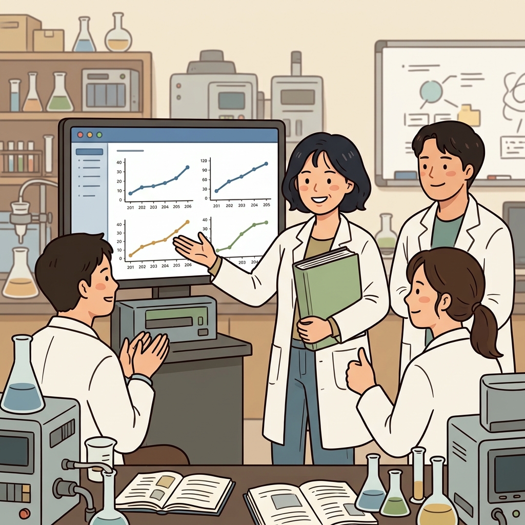 수많은 성공적인 실험 끝에 그 과학자는 신뢰할 수 있는 전문가가 되었다. ("크레디(credit)!" → 크레딧을 많이 쌓아 믿을 만한 사람이 된다)