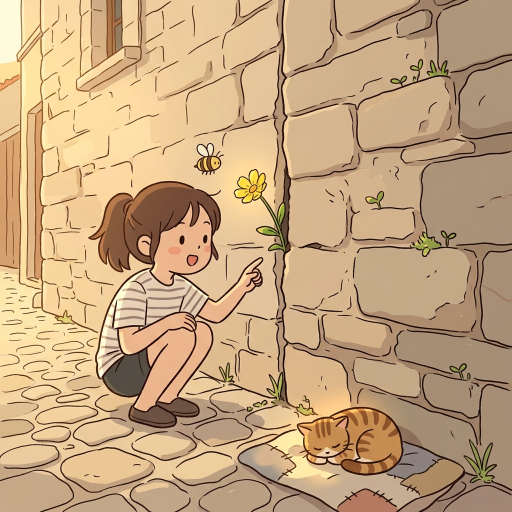 A tiny flower bloomed from a narrow crevice in the ancient stone wall.