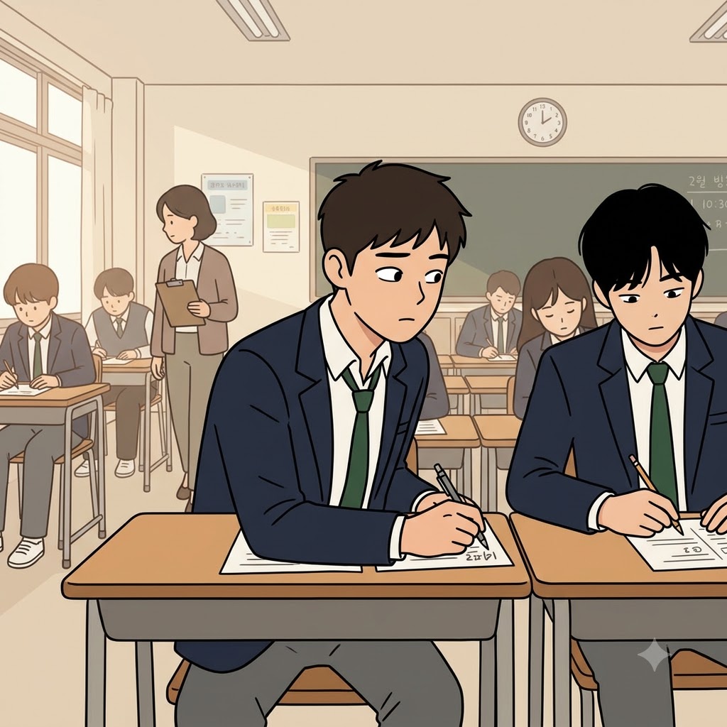 학생은 옆자리 답을 훔쳐보기 위해 살금살금 다가가며 “크립… 그리고 베껴!”라고 속삭였다. (crib → creep → “크립!” → creep처럼 살금살금 옆자리로 다가간다.)