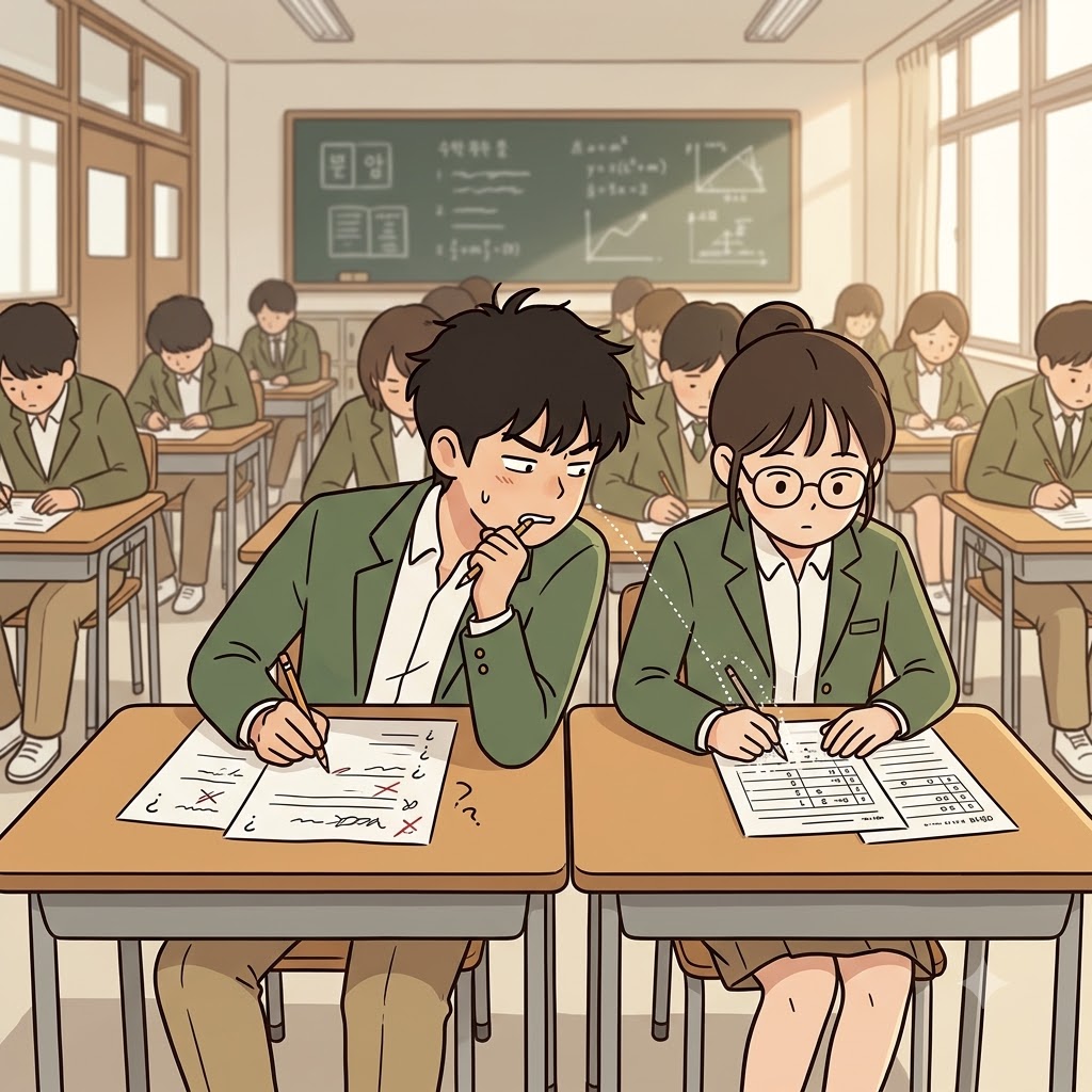 학생은 어려운 문제를 스스로 풀지 않고 답을 몰래 베끼려고 했다.