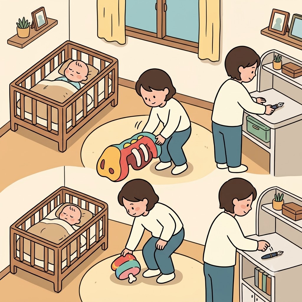 아기는 crib(아기 침대)에서 잠들었고, 옆에는 갈비뼈 모양의 장난감(rib)과 펜촉(nib)이 놓여 있었다.