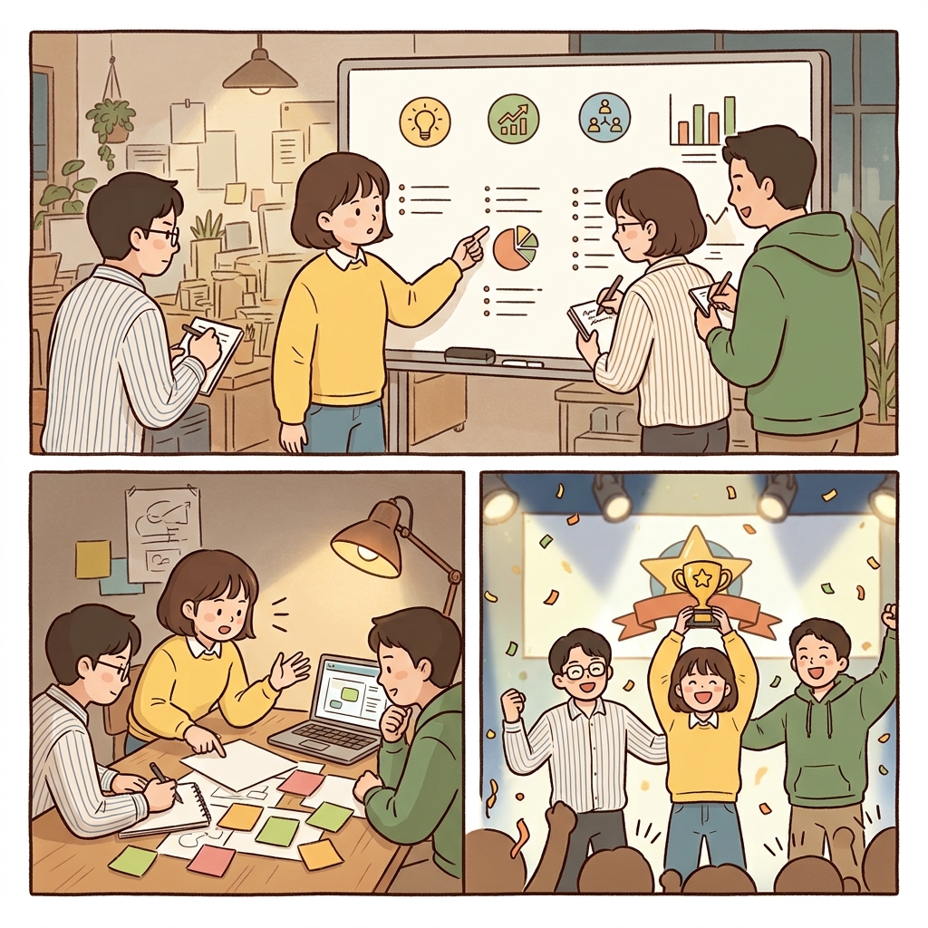 모든 기준(criteria)을 충족한 최고의 아이디어(idea)는 팀을 승리(victory)로 이끌었다.