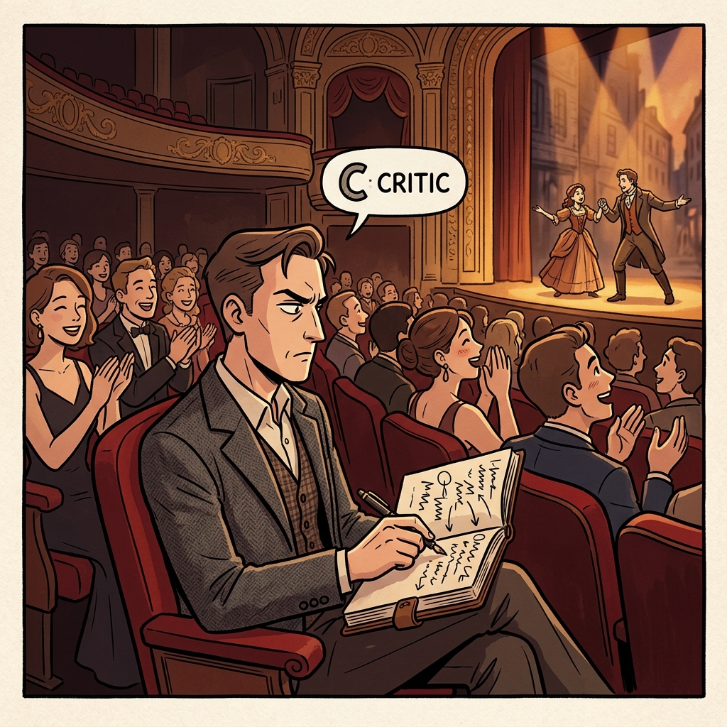 A stern critic scribbles harsh notes during the opening night of a Broadway play.