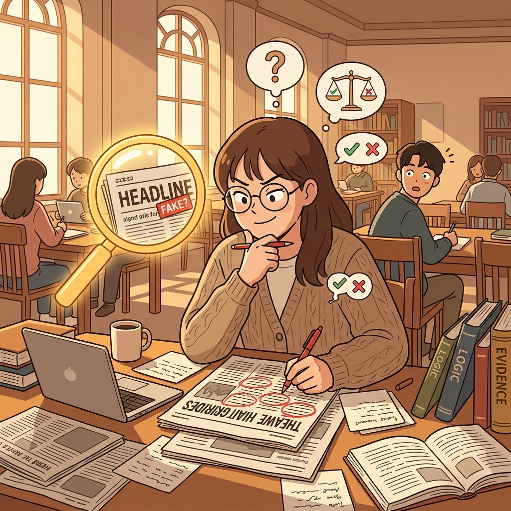 기사를 공유하기 전에 그녀는 비판적 사고로 허점을 짚어낸다.
