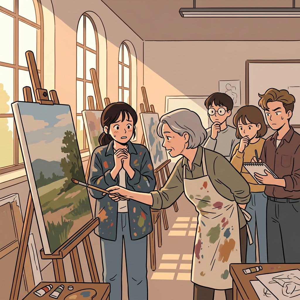 The professor offers a sharp critique of the student's painting during class.