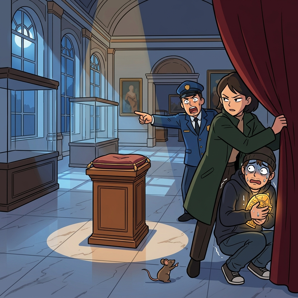 The detective finally caught the culprit hiding behind the museum curtain.