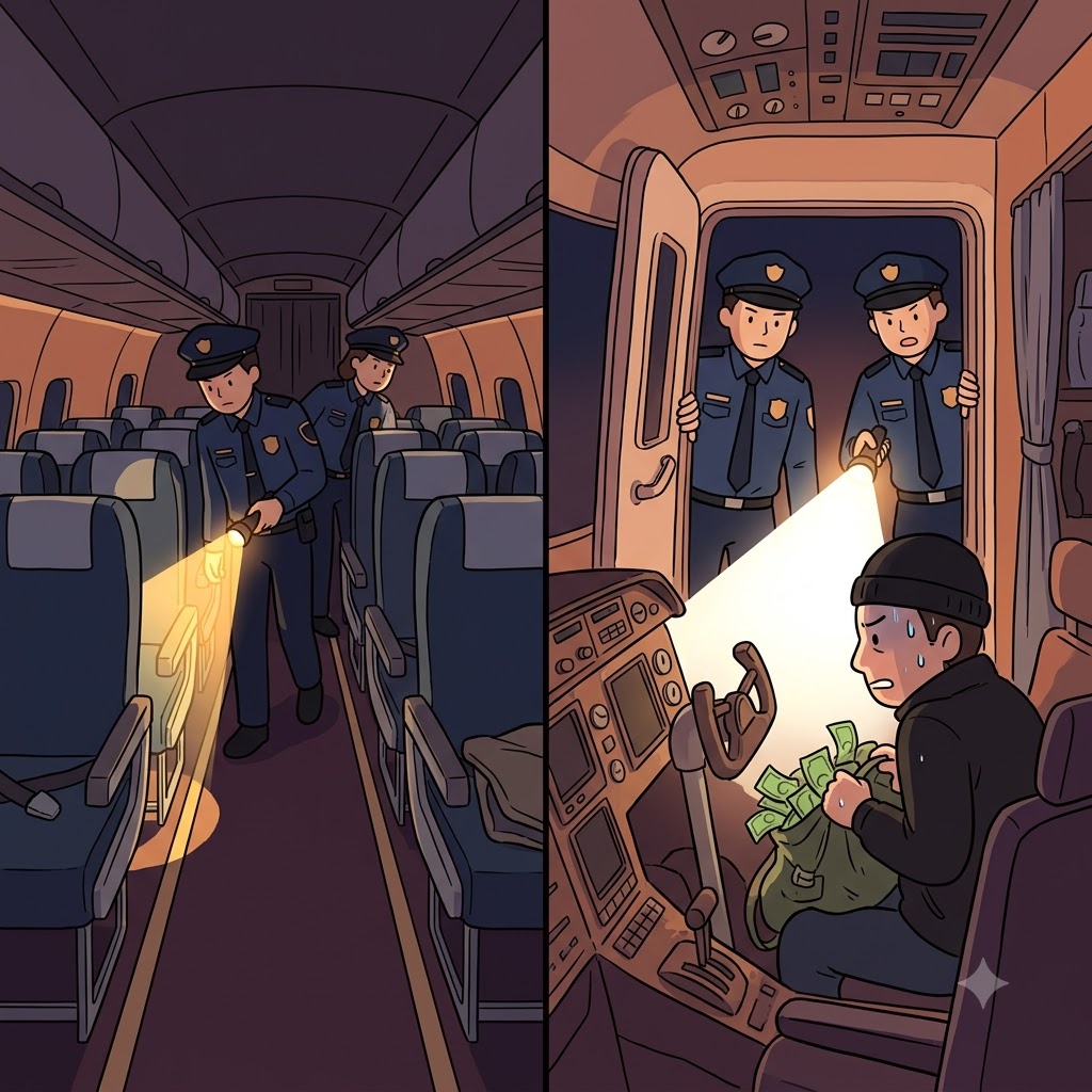 Searching the dark airplane, the police looked inside the cockpit and finally caught the hiding culprit.