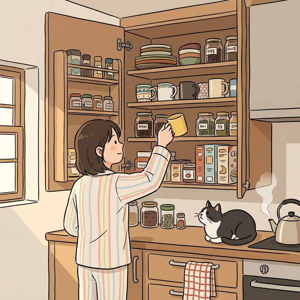 찬장을 열자 좋아하는 머그컵이 딱 기다리고 있었다.