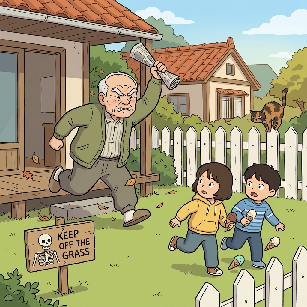 The old curmudgeon shouts at kids who stepped on his lawn.