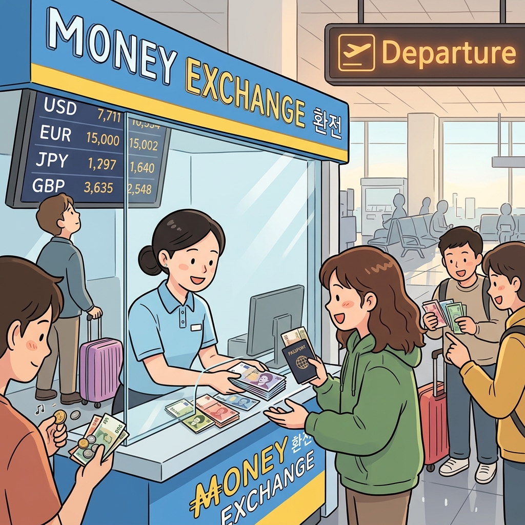 공항 환전소에서 여행 전에 돈을 바꾸는 사람들.
