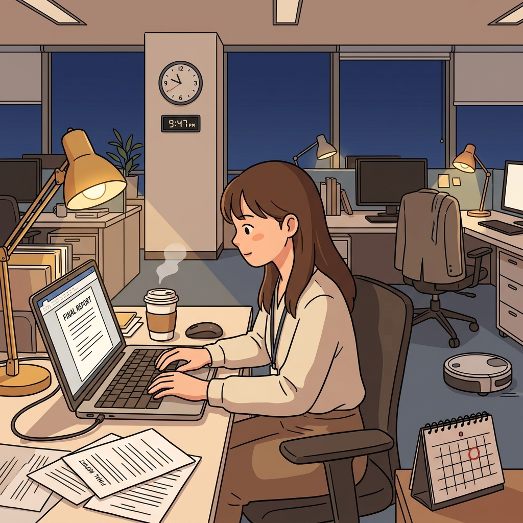 She is currently editing the final report before tonight's deadline.