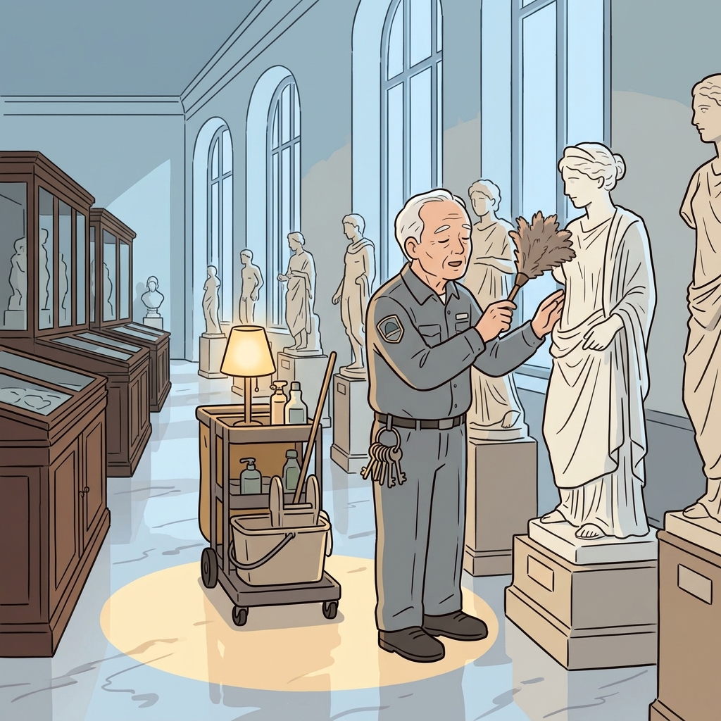The custodian polishes the museum floor before dawn while ancient statues watch silently.