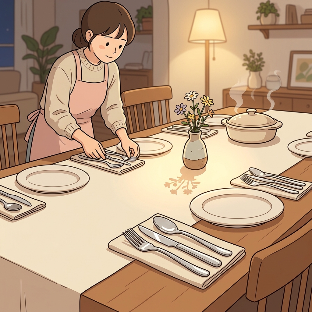 She sets the table with polished cutlery before the dinner guests arrive.