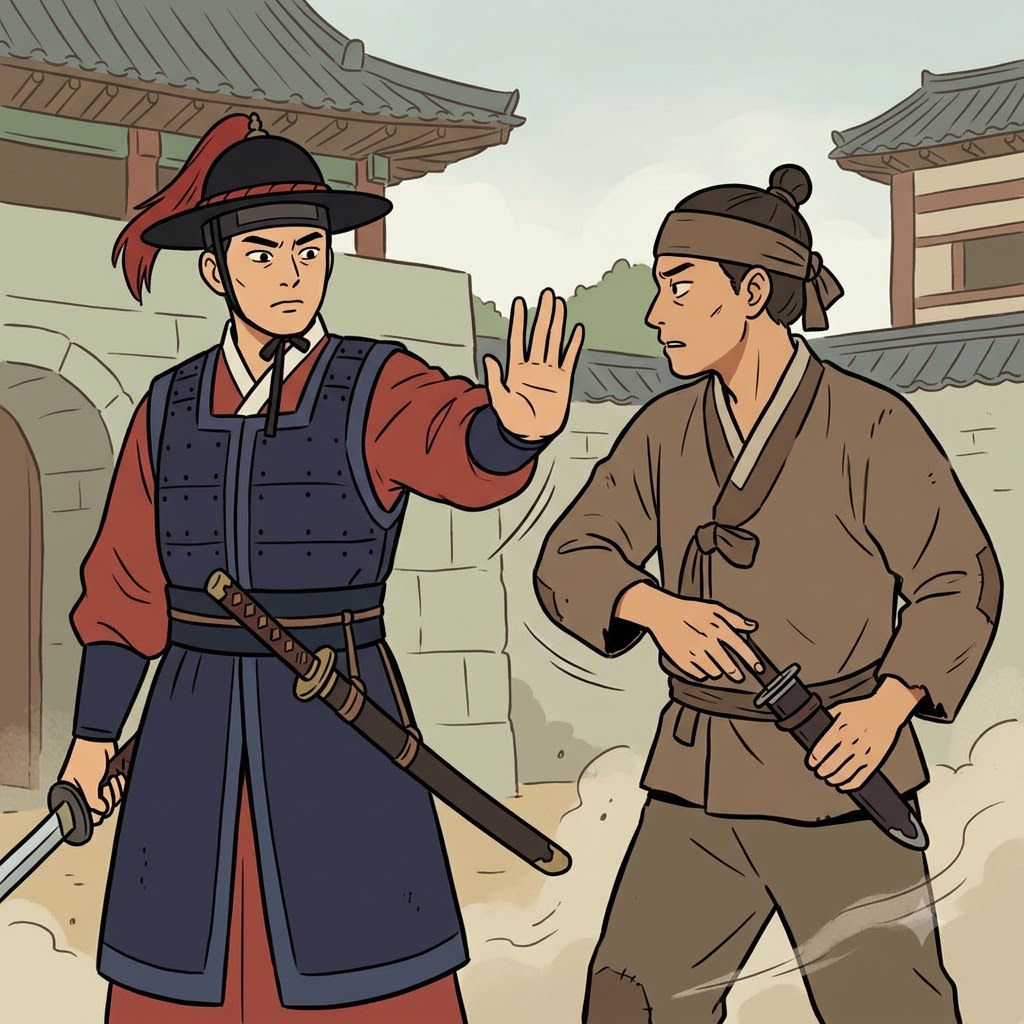 도둑이 숨겨 둔 단검(dagger)에 손을 뻗자 경비원은 "다가!"라고 외치며 제지했다. ("다가!" → "다가 오지 마!")