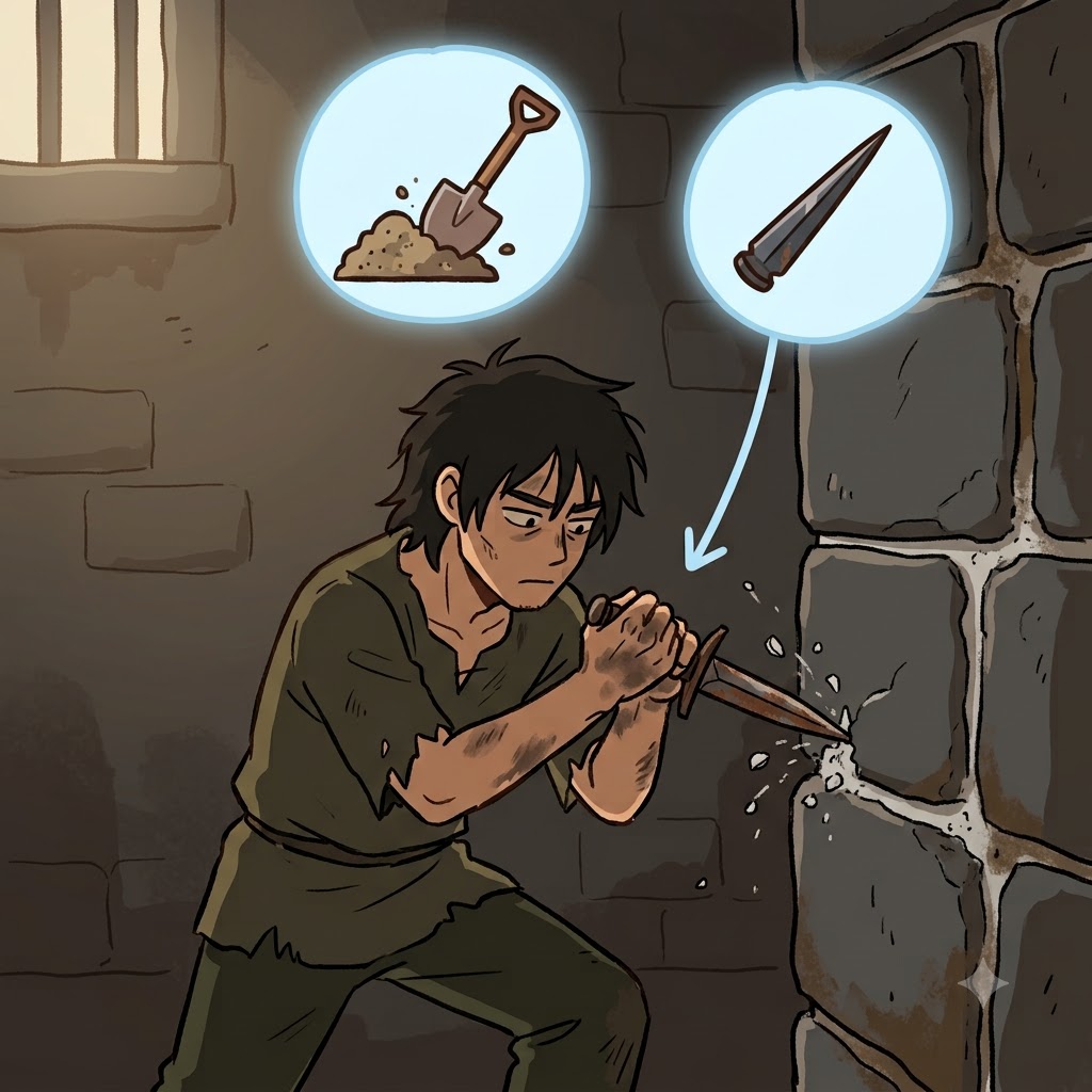 DIG(파다) + ER(도구) — 죄수는 돌벽을 깊게 파내는(DIG) 뾰족한 도구(ER)로 단검(dagger)을 사용했다.