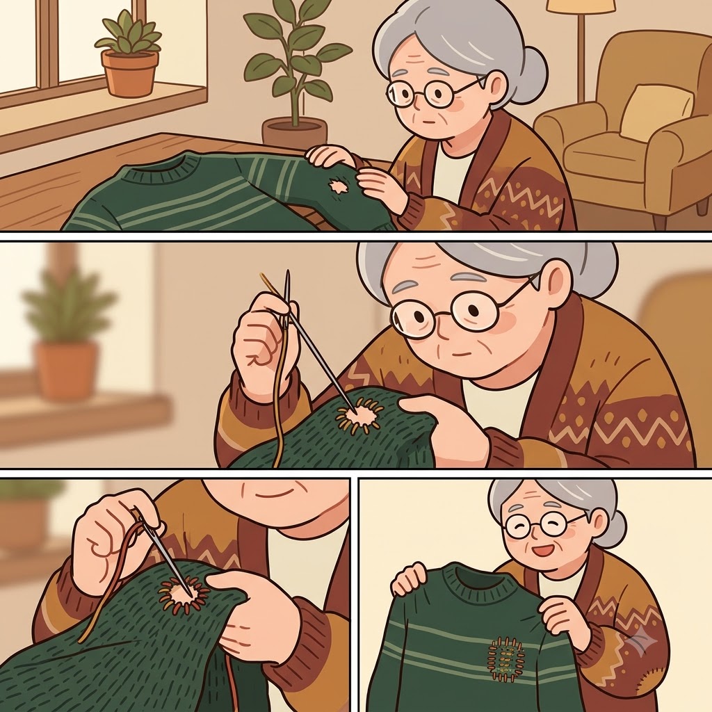 Grandma used colorful yarn to darn the sweater and mend the hole.