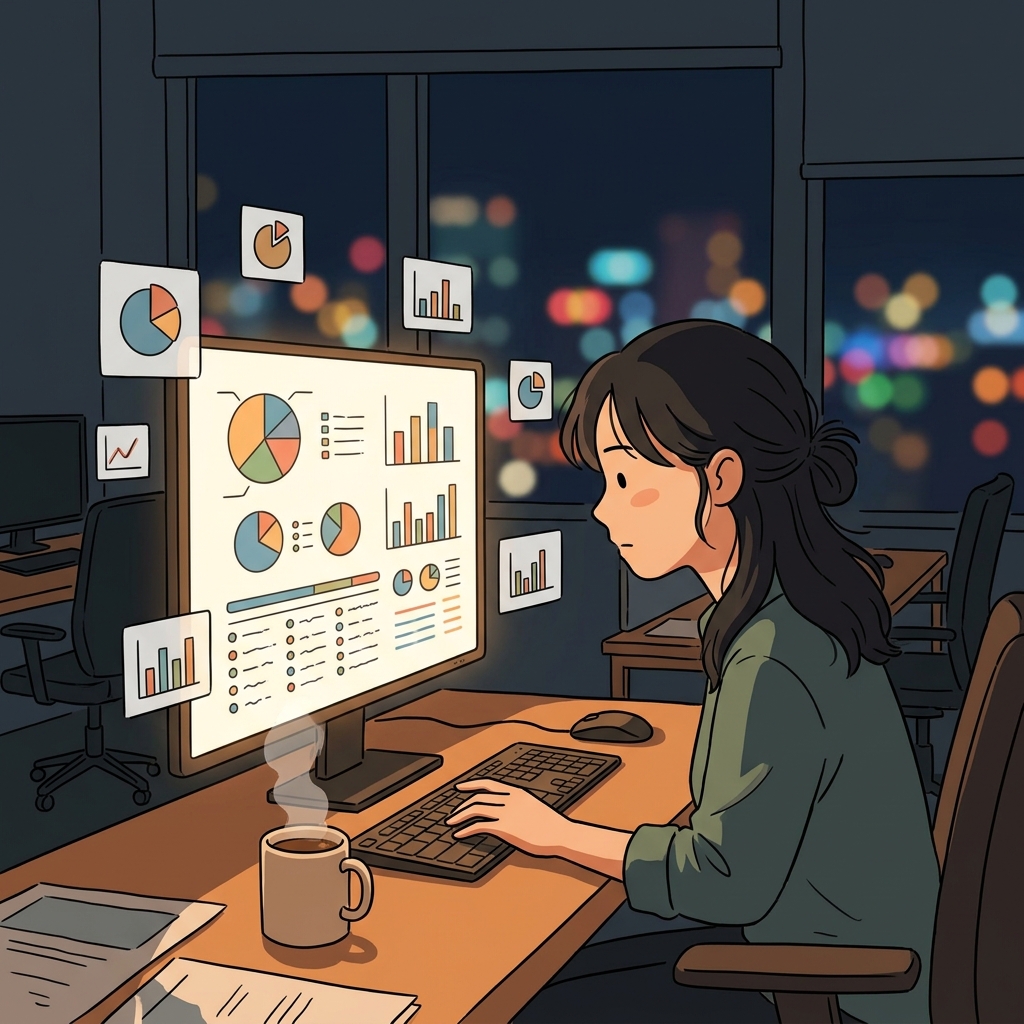 The analyst studies rows of data glowing on her screen late at night.