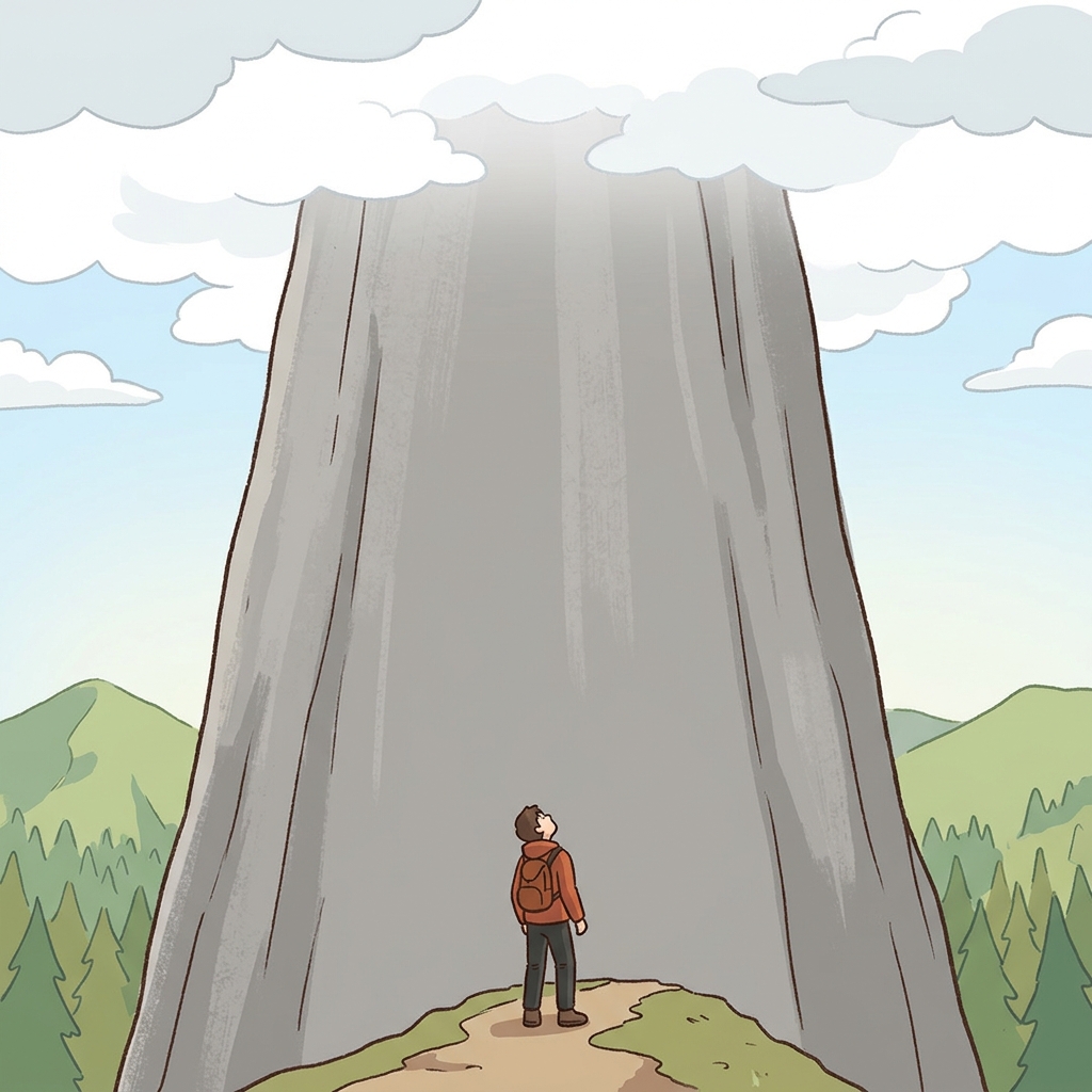 The towering rock wall did not daunt the determined hiker.