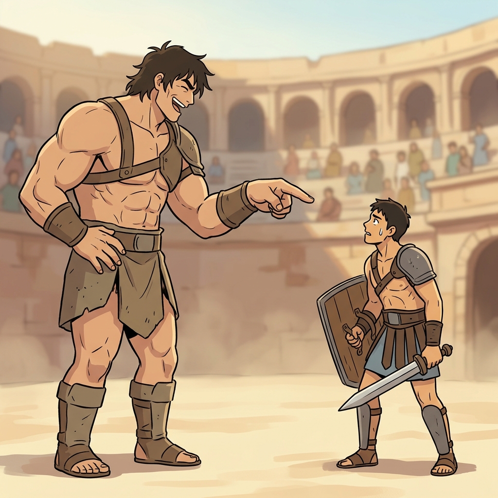 The giant's taunting laugh failed to daunt the brave warrior.