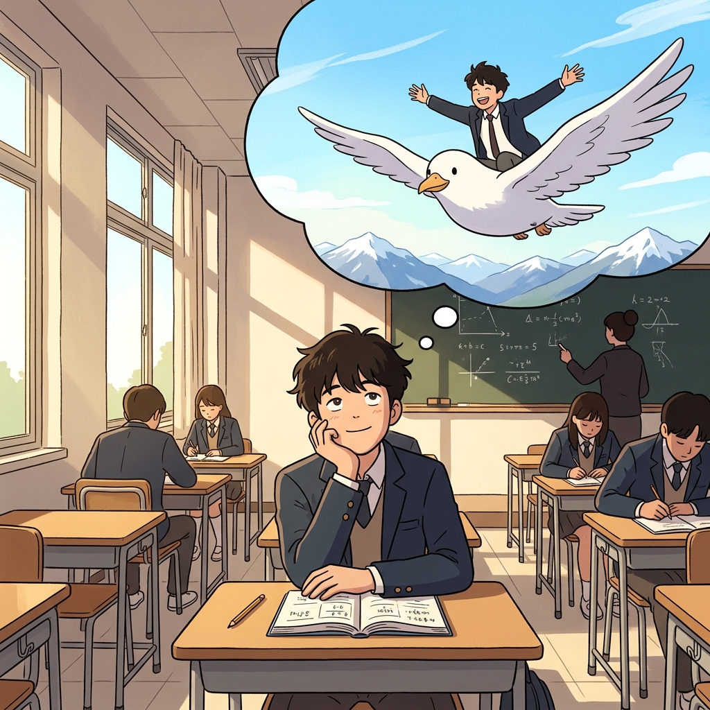During math class, he drifts into a daydream about flying over mountains.