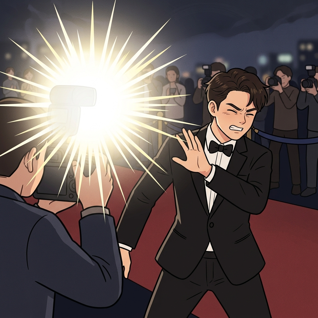 The sudden camera flash dazzled the actor on the dark red carpet.