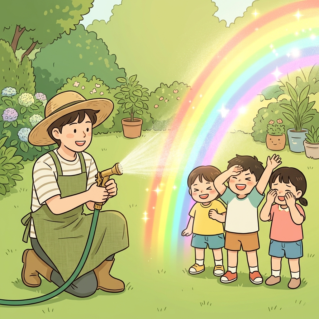 He turned the water nozzle, creating a rainbow that began to dazzle the kids.