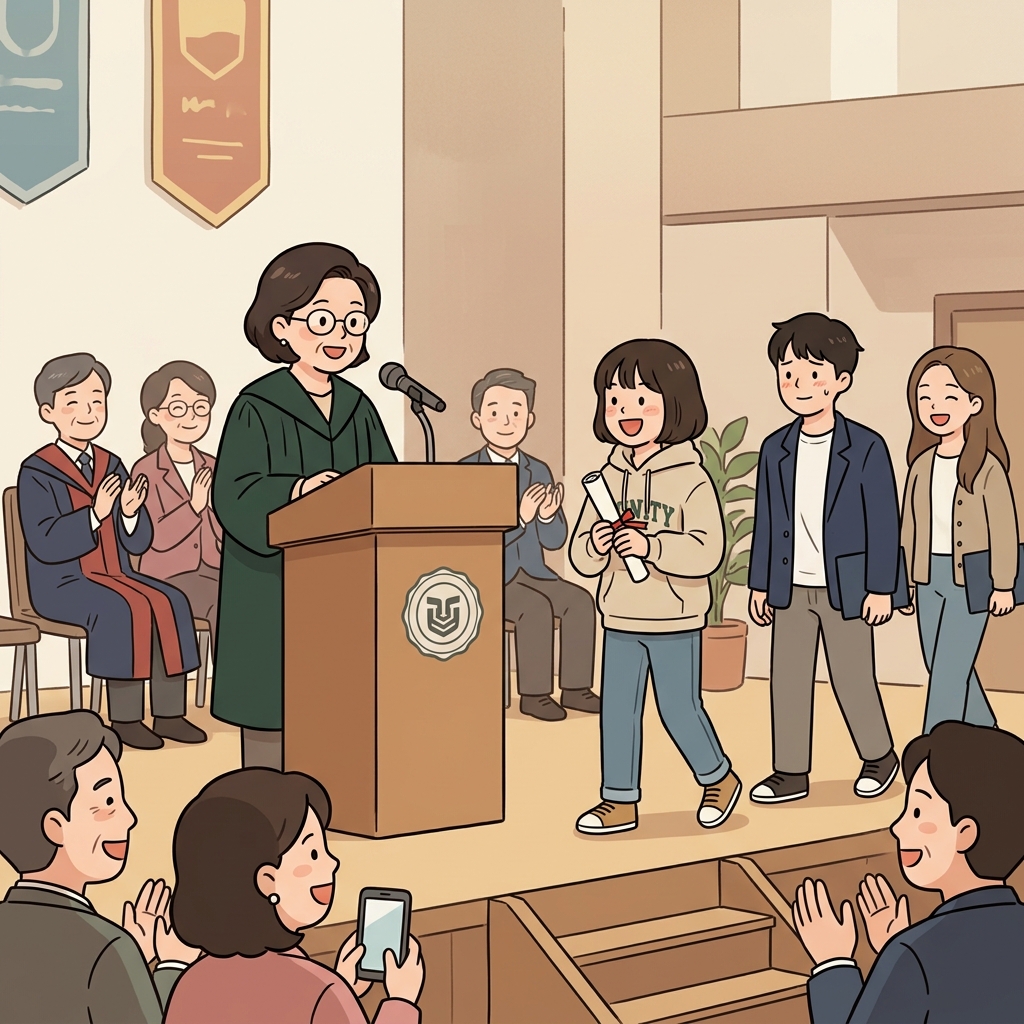 학장은 "Dean's List!"를 발표했고, 성적 우수 학생들이 상을 받기 위해 자랑스럽게 무대로 올라왔다. (Dean's List(성적 우수자 명단)를 발표하는 사람이 바로 학장(dean)이다.)