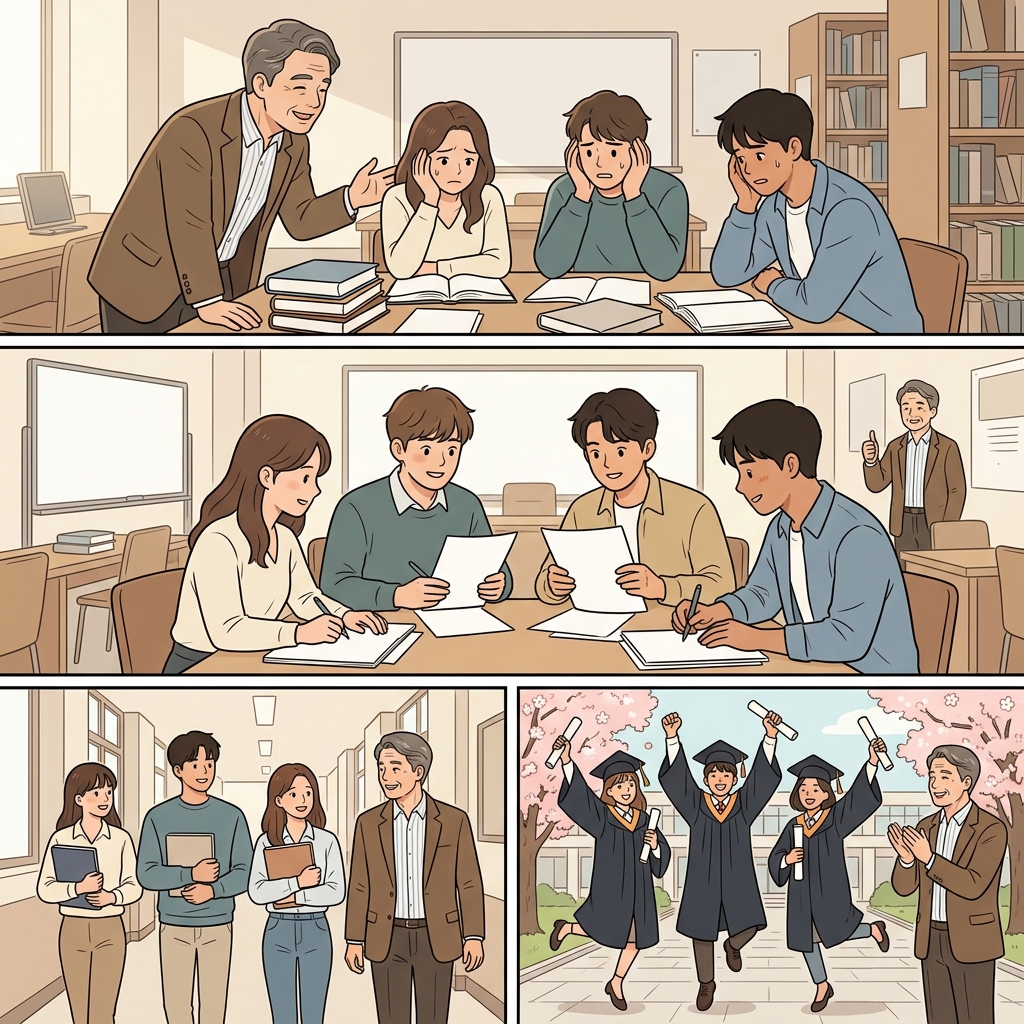 학장이 지적하네, 깨끗한 사무실에서 어수선한 교실 장면을!