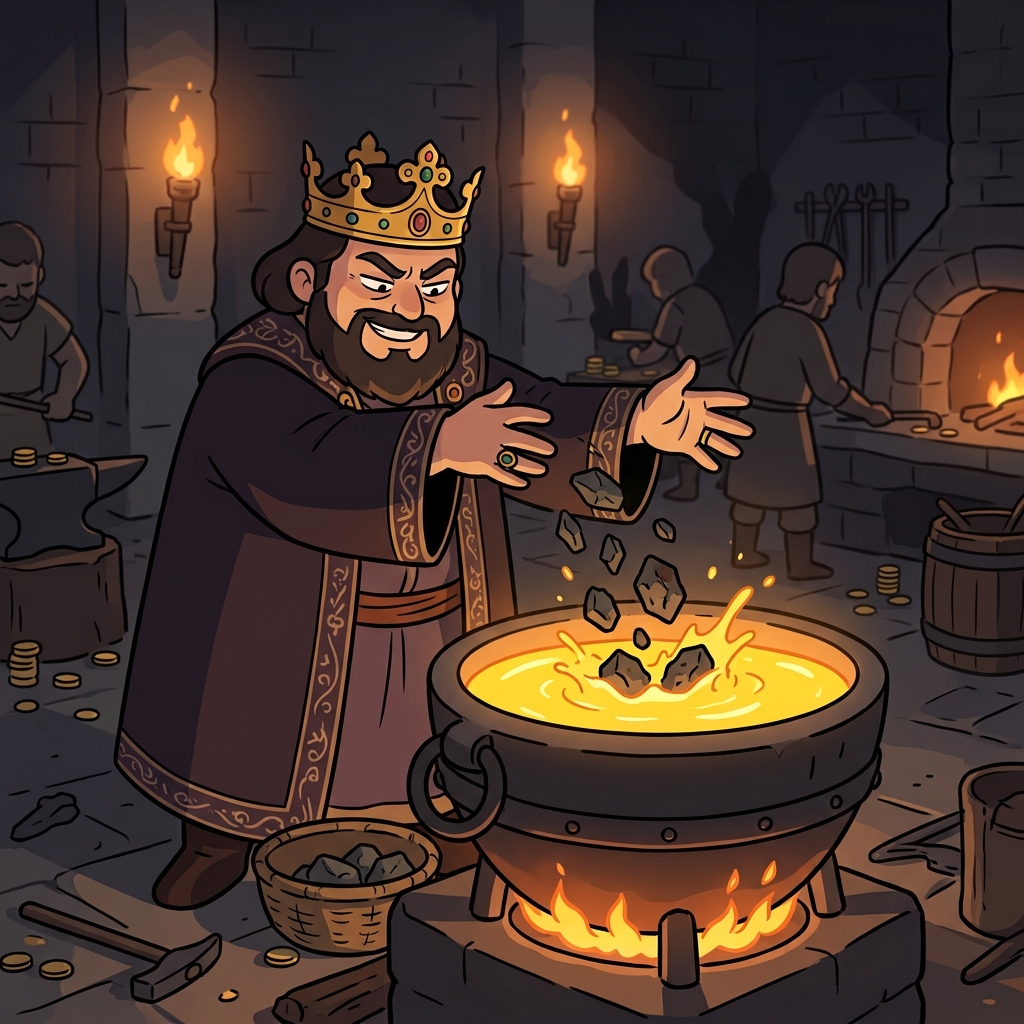 The greedy king mixed cheap iron into the pure gold to debase the coins.