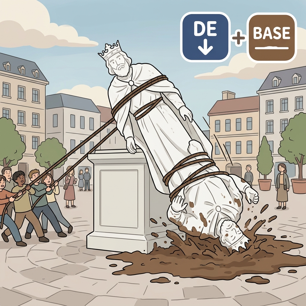 DE(down) + BASE(bottom) — the mob pulled the beautiful statue DOWN to the muddy BASE to debase it.