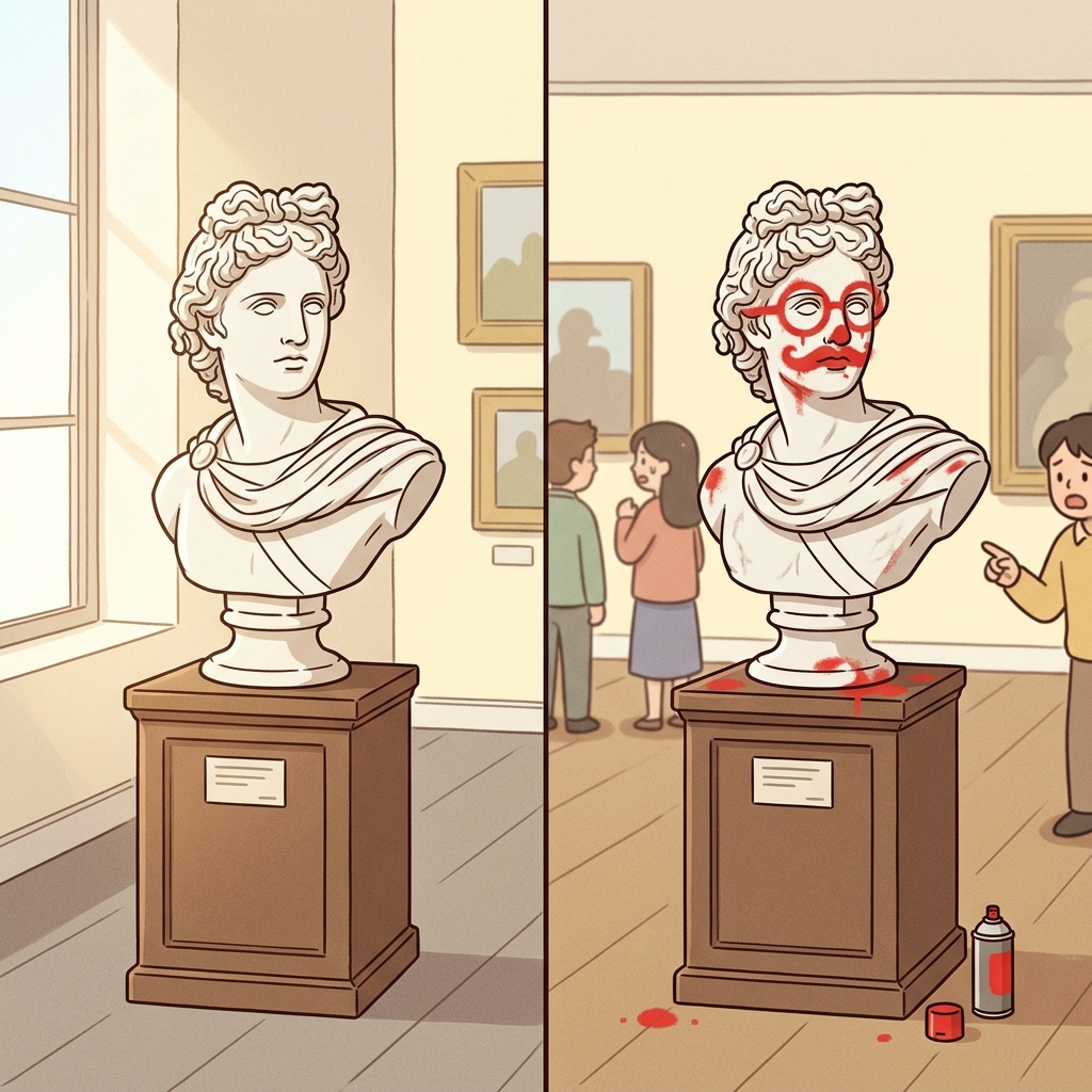 By spray-painting the marble face, the vandal managed to debase the masterpiece.
