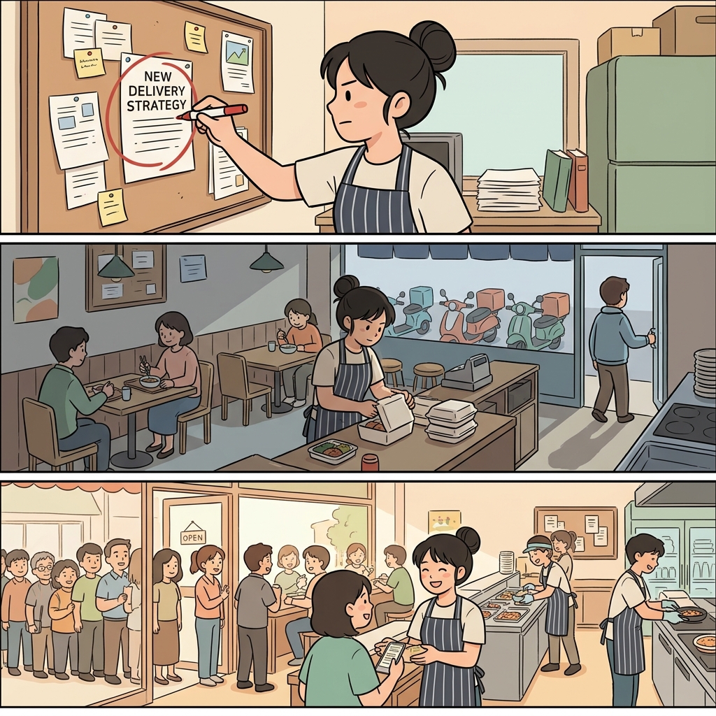 그녀는 단호하게(decisively) 행동했고, 회사는 살아남아(survive) 크게 성장했다(thrive).