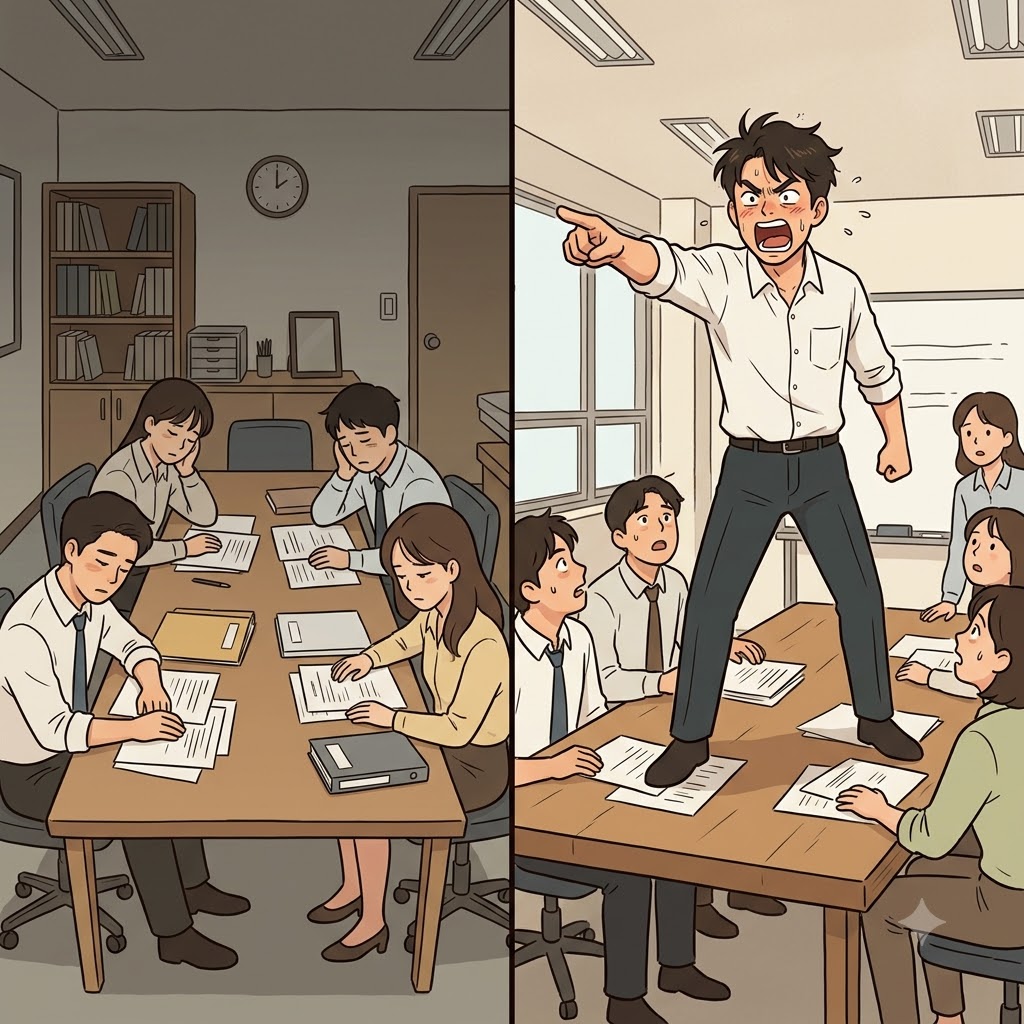 Standing on the wooden table, the angry worker began to declaim his rights to the quiet room.