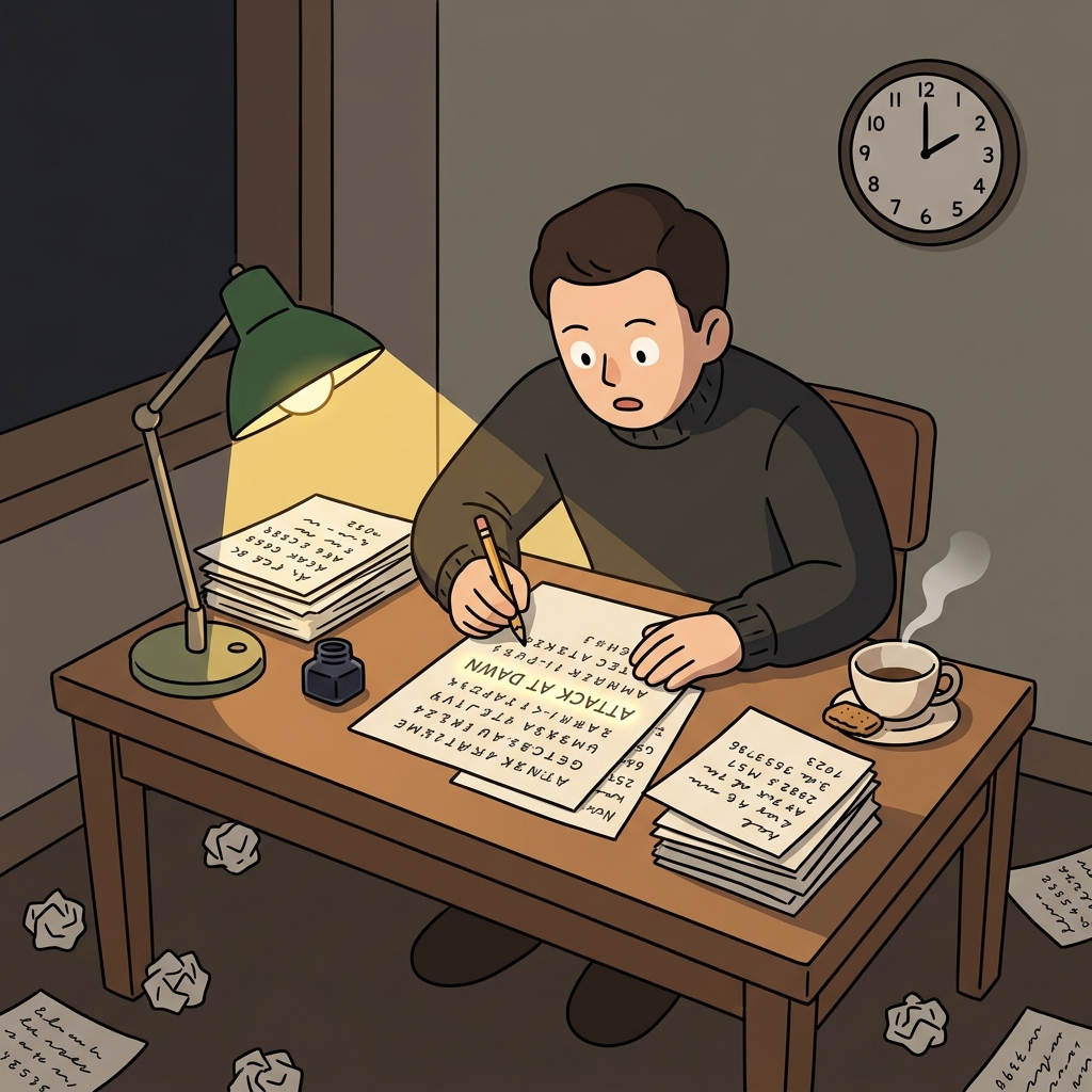 The cryptographer works late to decode the enemy's secret wartime message.