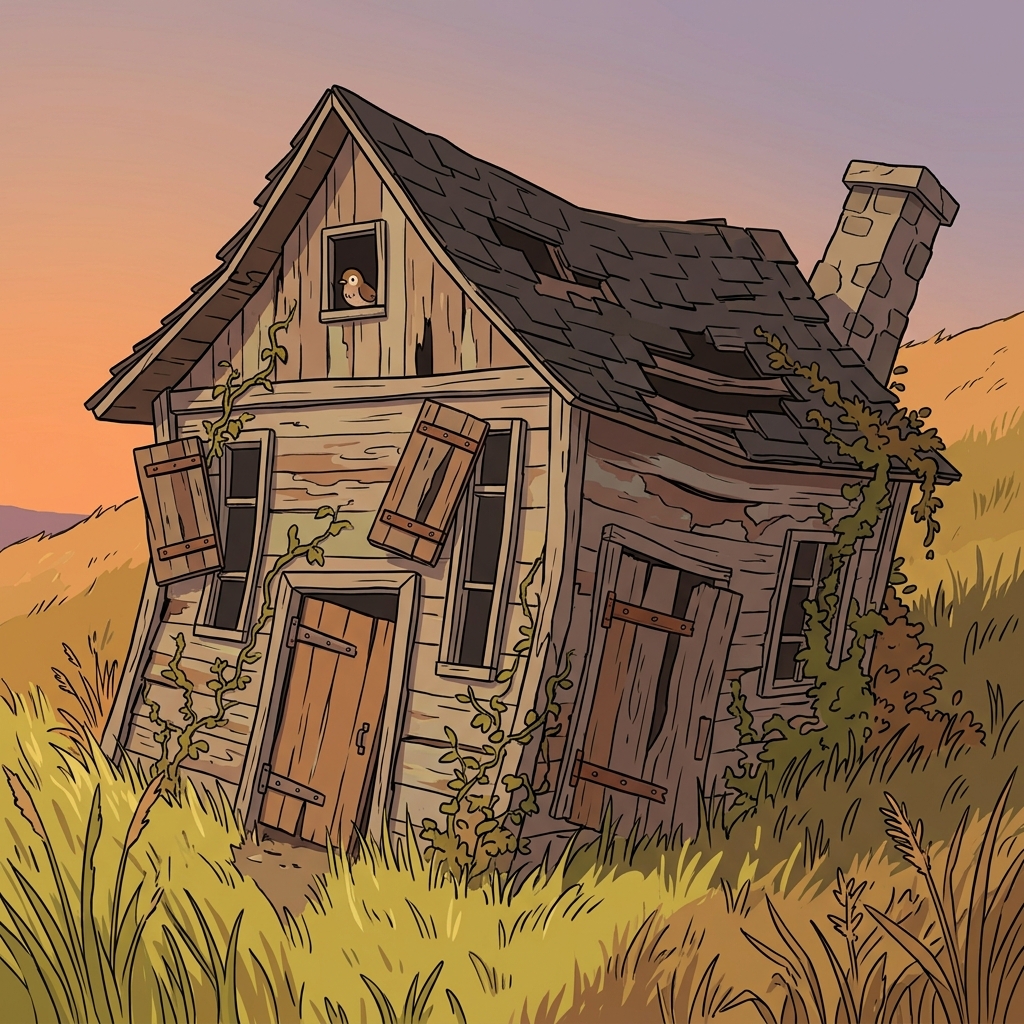 The decrepit cottage leaned sideways, its roof sagging under decades of neglect.