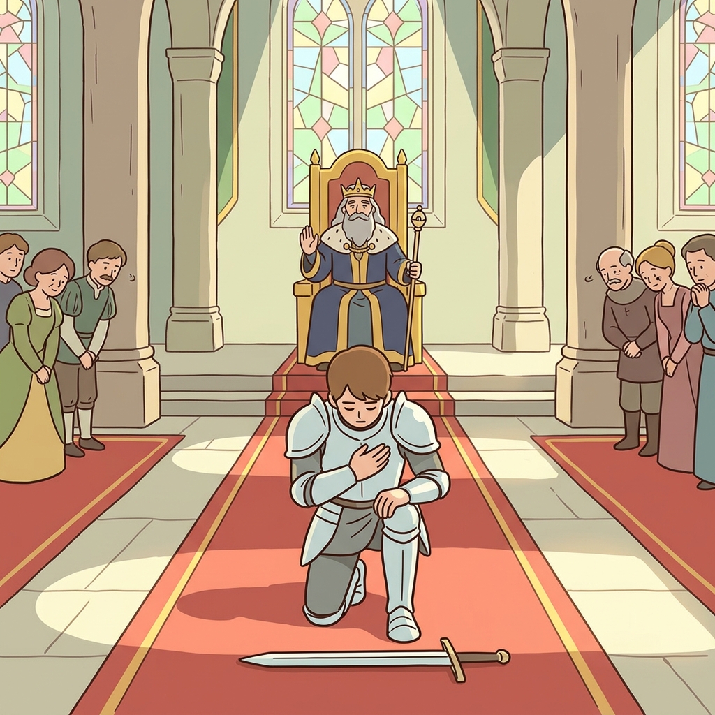 The young knight shows deference by kneeling before the aged king.