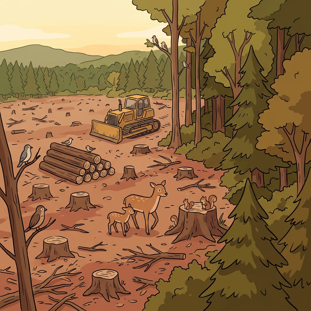 Deforestation destroyed the habitat of many wild animals.
