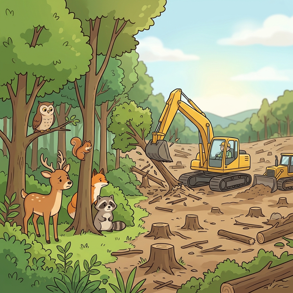 기계들이 수많은 나무를 베어내며 산림 벌채가 빠르게 진행되었다. (디(De = 제거) + Forest(숲) → Deforestation)