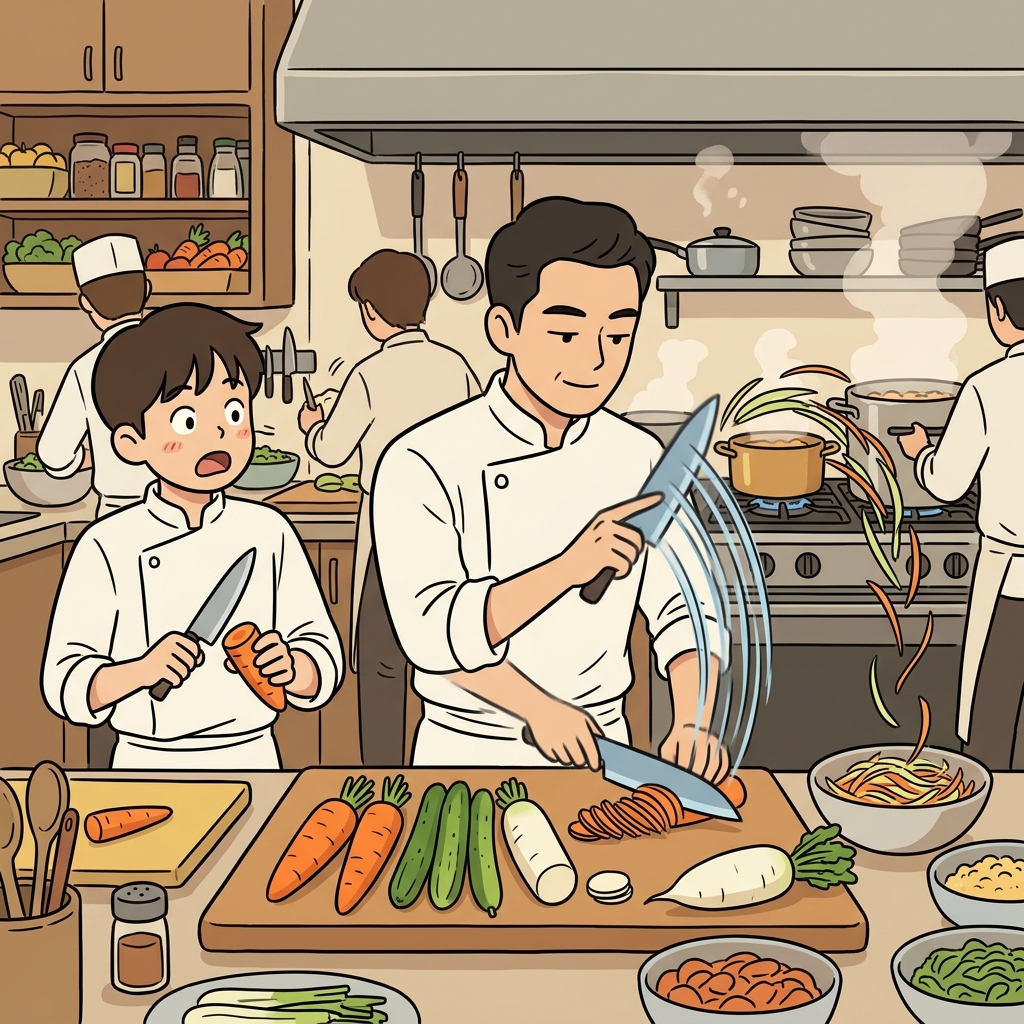 The chef's deft hands slice vegetables into perfect ribbons in seconds.