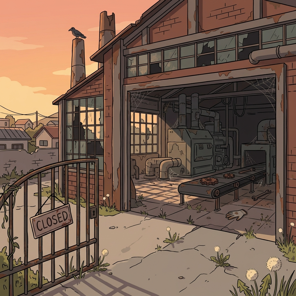 The defunct factory stands silent, its machines rusting after decades of abandonment.