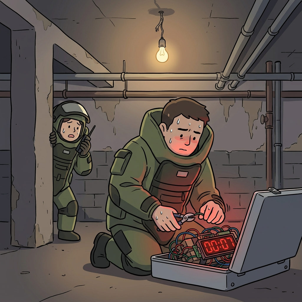 The bomb squad expert carefully works to defuse the device before time runs out.