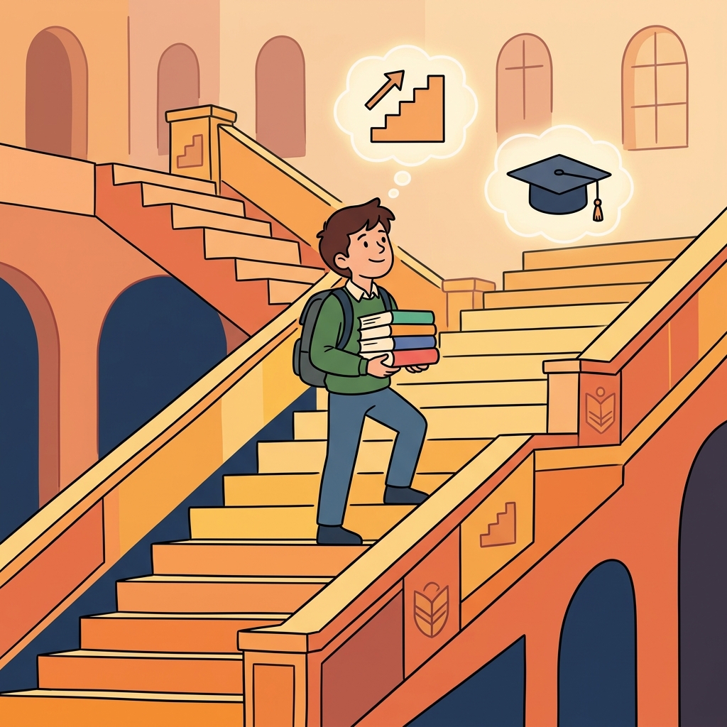 학생은 계단을 오르며 한 계단 한 계단을 또 하나의 성취 단계라고 상상했다.