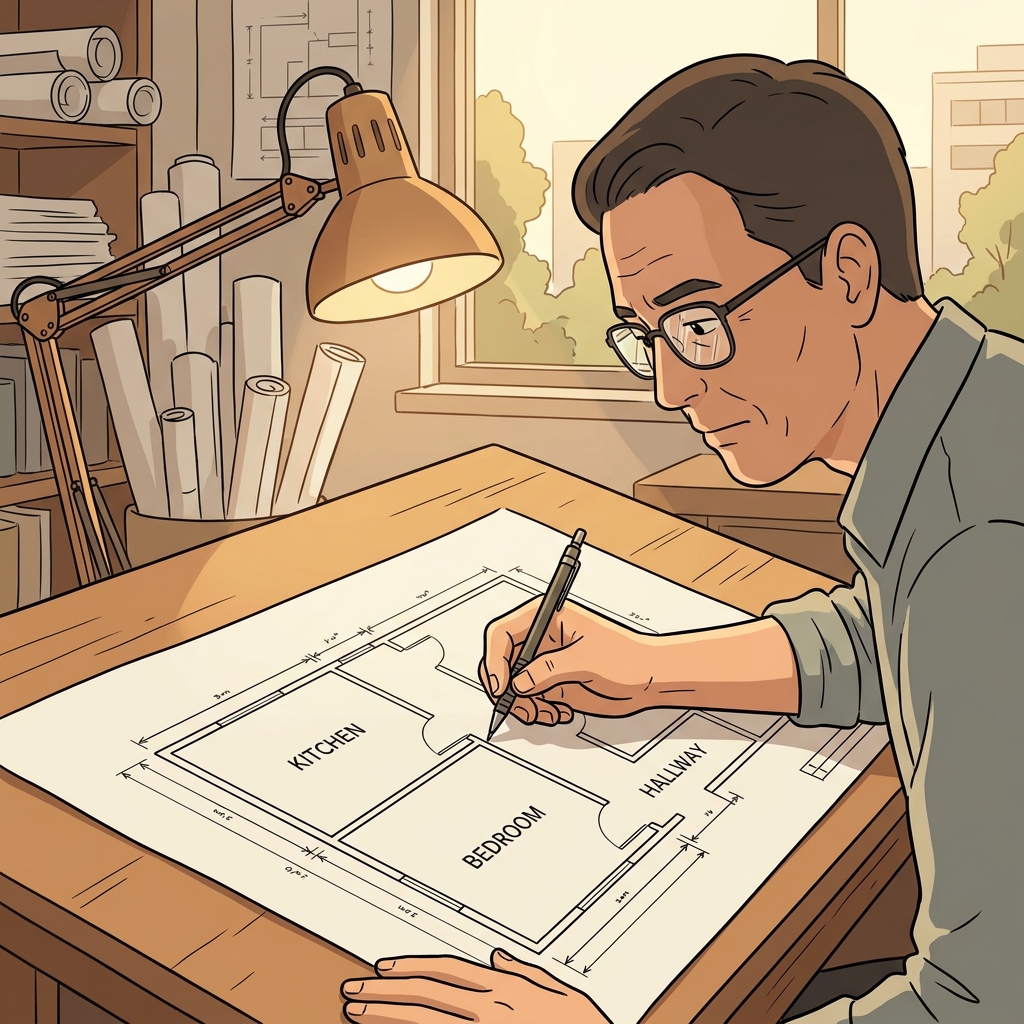 The architect delineates every room on the blueprint with careful precision.