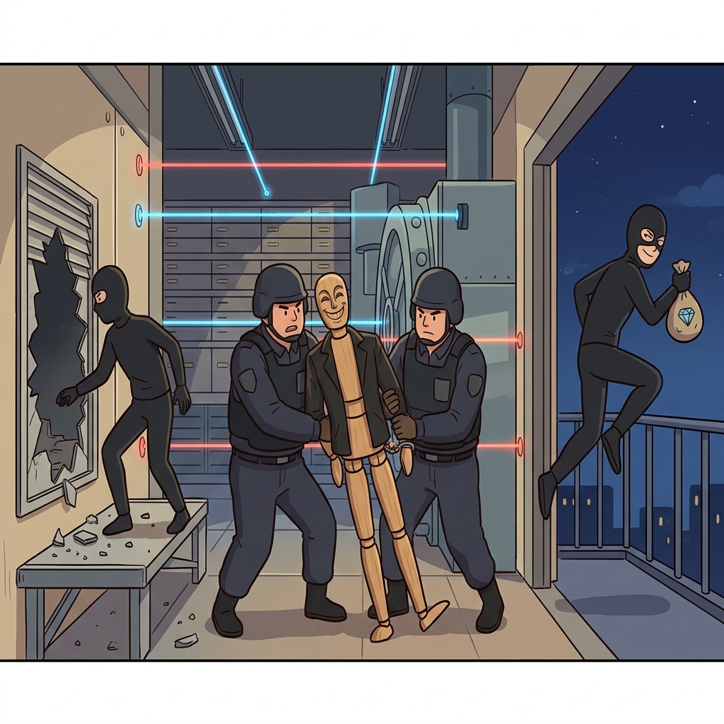 The clever thief managed to intrude the vault, delude the guards with a simple wooden dummy, and completely elude capture.